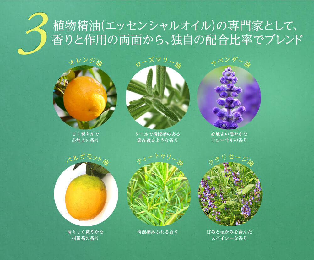 3.植物精油（エッセンシャルオイル）の専門家として、香りと作用の両面から、独自の配合比率でブレンド 